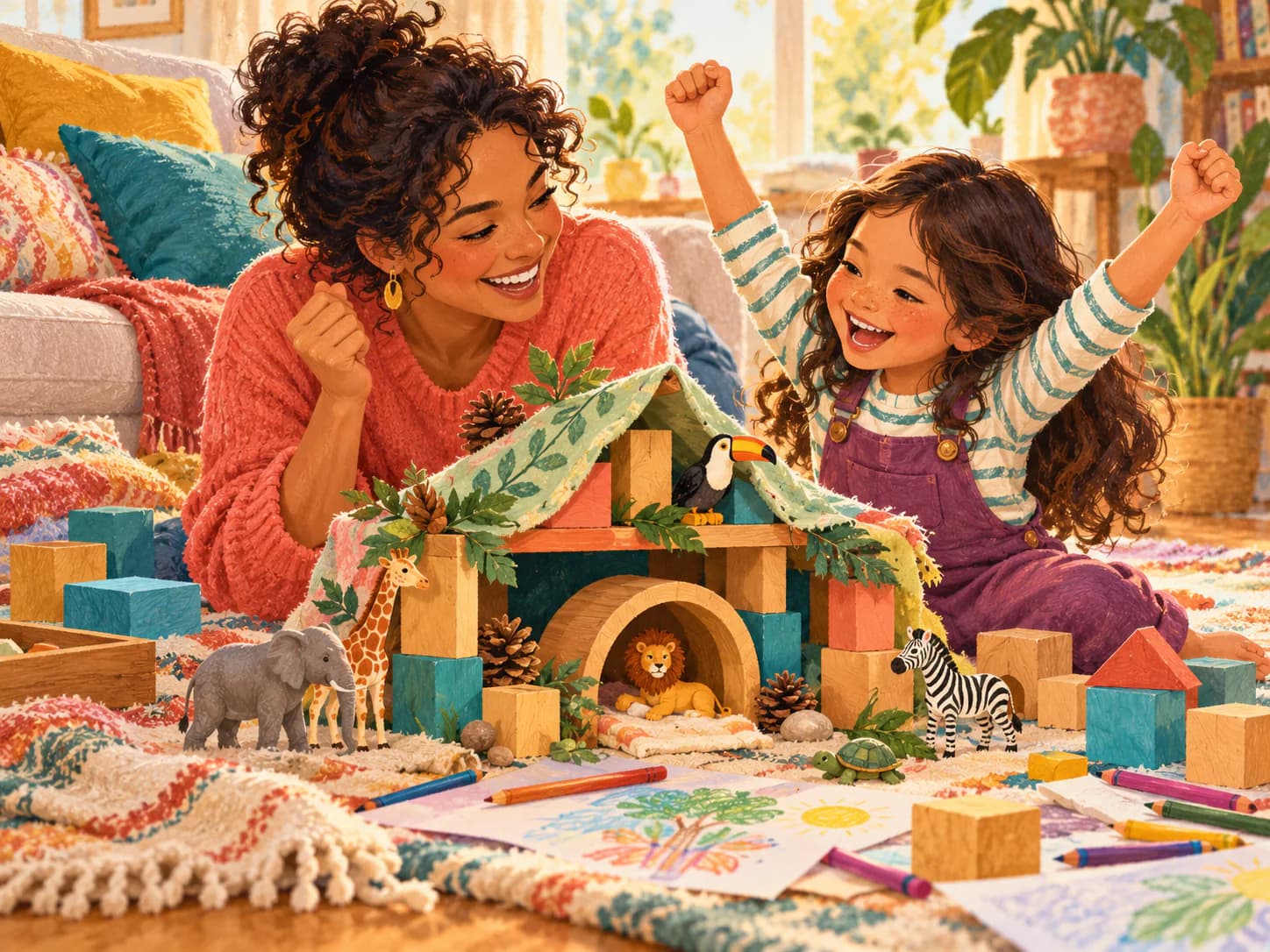 A parent and child celebrating an animal home they built together