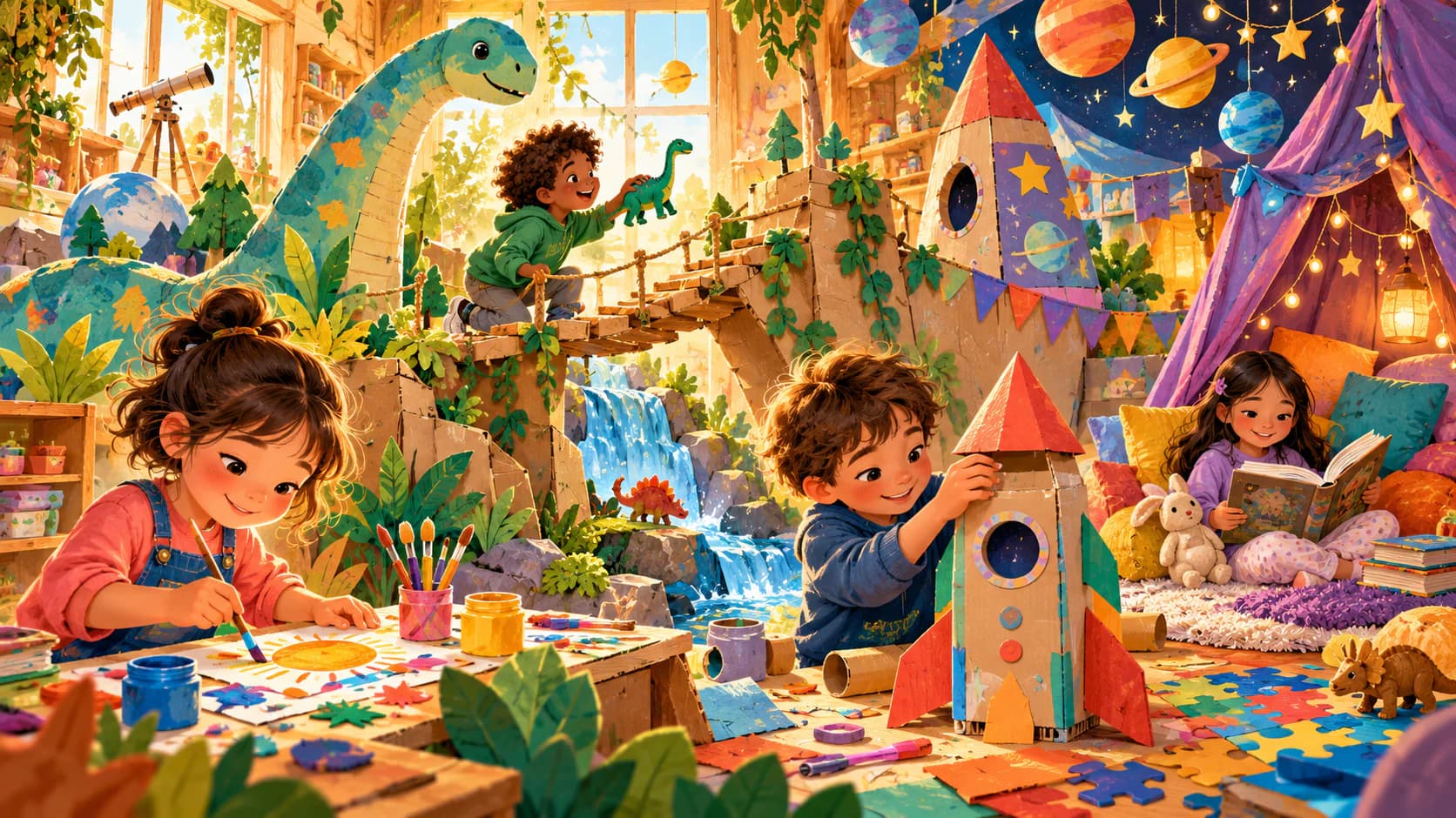 Children painting, building, reading, and exploring in an imaginative activity world
